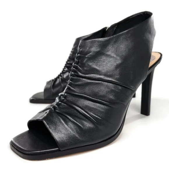 Vince Camuto Jenett Black Leather Rouched Open-Toe Sling-Back High-Heel Sandals - Picture 1 of 11